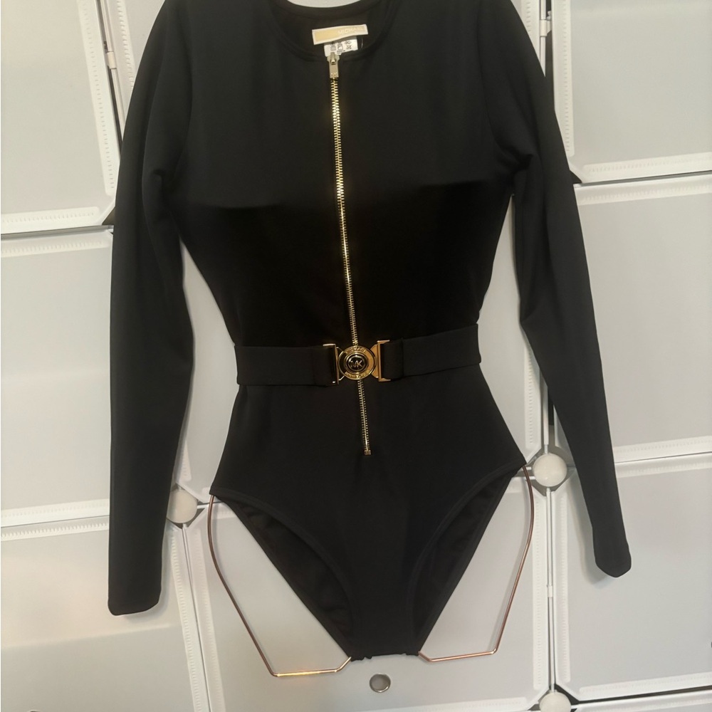 Black Long Sleeve Bodysuit with Gold Accents